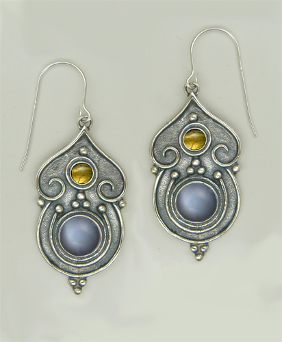 Sterling Silver Gothic Inspired Drop Dangle Earrings With Grey Moonstone And Citrine